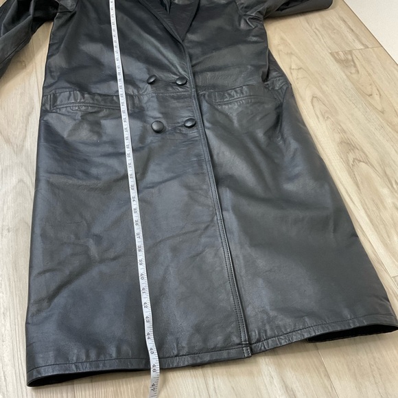 Vintage Long Leather Button Front Coat Size M Black Trench - Picture 8 of 8